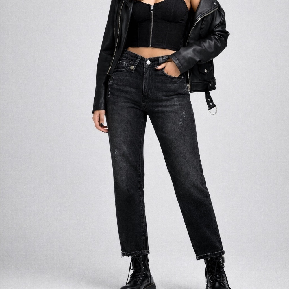 Pistola Nico High Rise Mom Jeans Black Shadow Wash Distressed Straight Leg 27x27